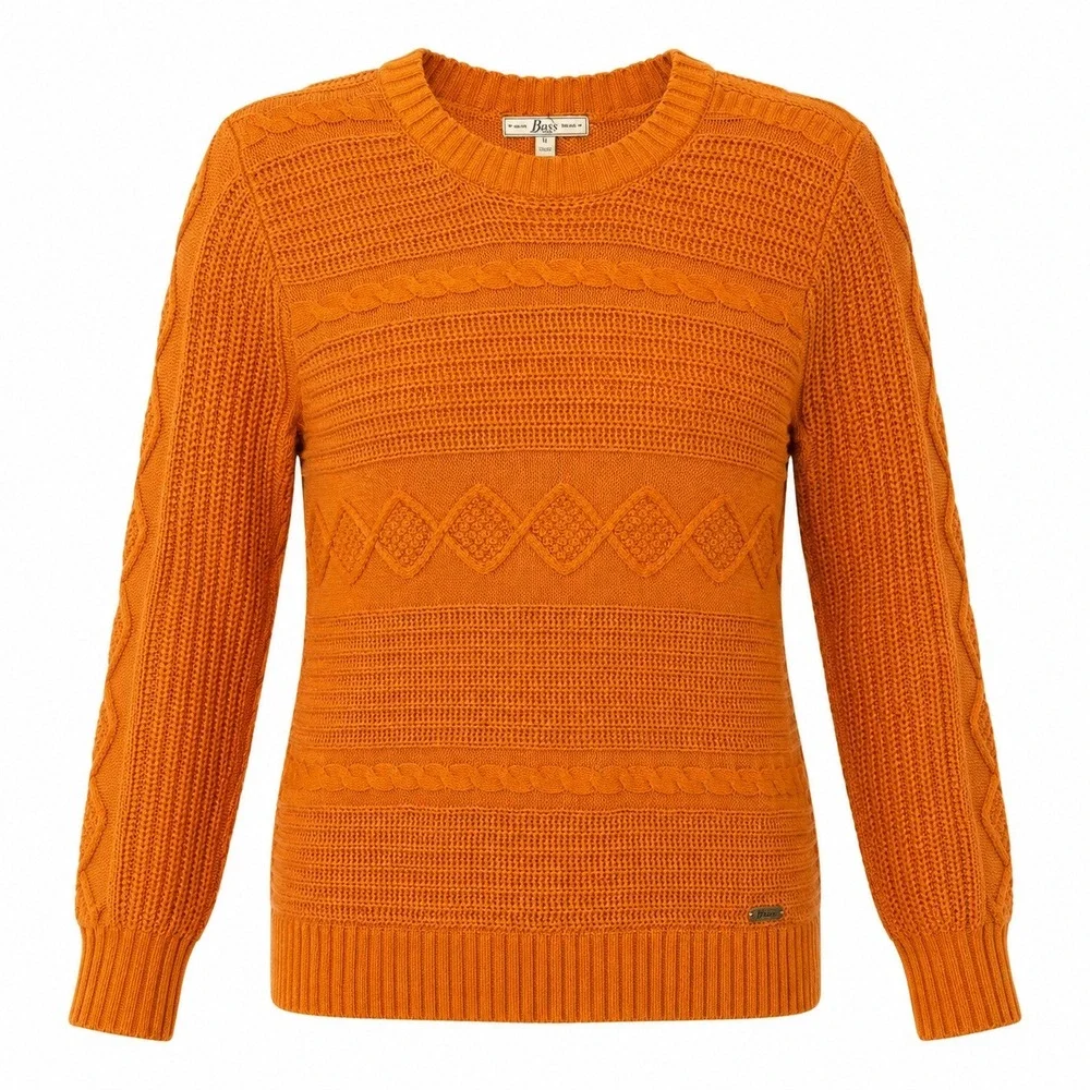 Bass Womens Orange Cable Knit Crew Neck Sweater Size L Chunky Classic